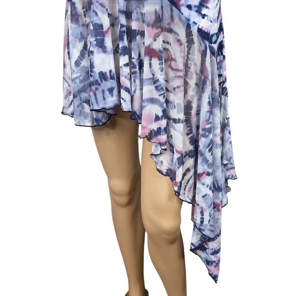 Pyramid Collection Blue Purple Tie Dye Asymmetric Ruffle Hem Top SZ XS - Picture 5 of 9